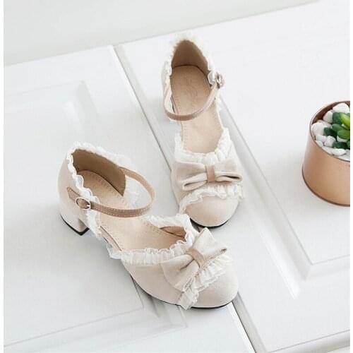 Mori girl Lolita Shoes Bowknot Princess Kawaii Girl Women Shoes Round Head Middle Heel Lace Cosplay JK Uniform Lolita Shoes