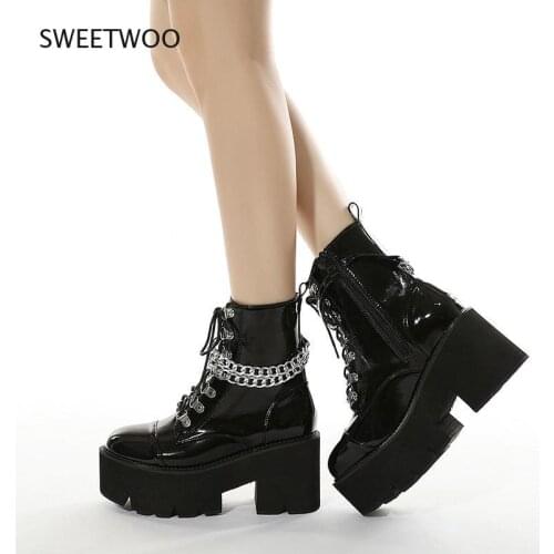 2021 Women Gothic Ankle Boots Zip Punk Style Platform Shoes Goth Winter Lace-Up Booties Chunky Heel Sexy Chain Midcalf Boots