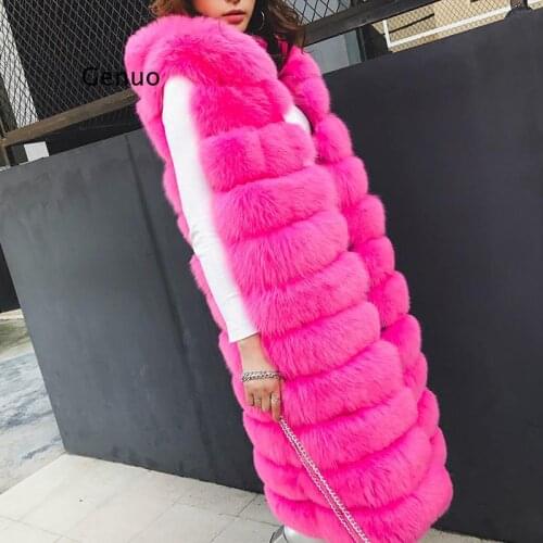 Long Hood Fur Vest Women Winter Faux Fox Fur Vest Furry Luxury Woman Fake Fur Vest Plus Size Faux Fur High Quality