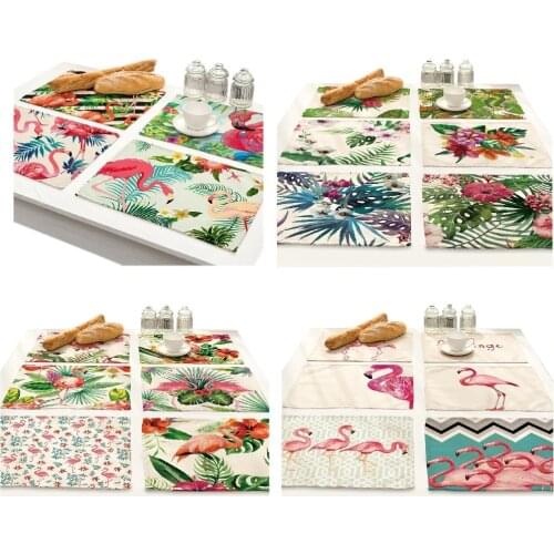 The Painting Tropic Plant Flower Bird Flamingo Cotton Linen Placemats Cloth Coaster Kitchen Accessories Decoration table pat