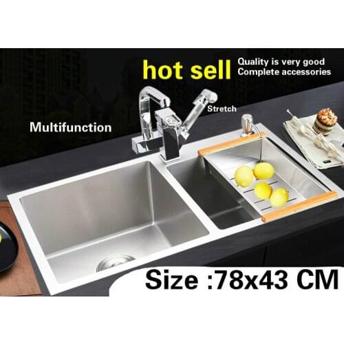Free shipping Apartment multifunction kitchen manual sink double groove deluxe food grade 304 stainless steel hot sell 78x43 CM