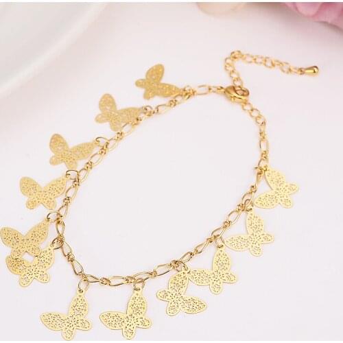 25cm length gold ColorCharm Bracelet Bangle with love butterfly Pendant Women Wedding Valentines Day Gift gold jewelry anklet