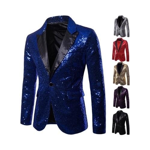 2020 Brand Plus size Blue Shiny Mens Blazer Slim Fit Graduation Party Prom Suit Blazers for Men Fashion Singers Stage Jacket