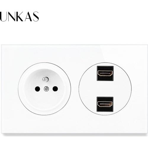 UNKAS French Standard Wall Socket + Female Dual HDMI-Compatible 2.0 Jack Tempered Crystal Glass And Black Aluminum Panel Outlet