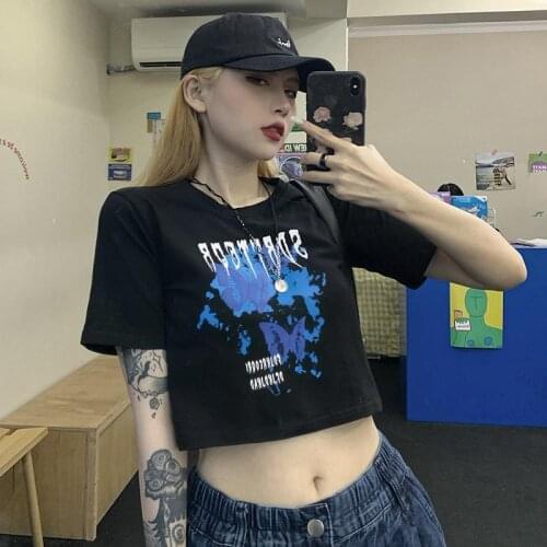 Pure cotton summer new Korean version ins retro butterfly print Punk Gothic T-shirt Loose Streetwear Harajuku Aesthetic футболка
