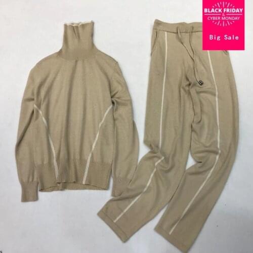 Cashmere + Woolen Knitted warm sets high collar Velvet Sweater + Mink Cashmere Trousers Leisure Two-piece elastic suits wq103