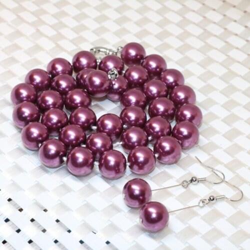 Classical new arrival special design dark red simulated-pearl shell 12mm round beads earrings necklace jewelry set 18inch B2334