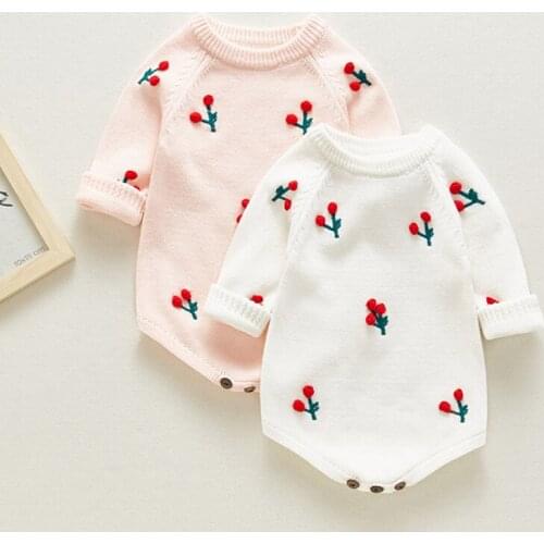 Knit Baby Girls Rompers Long Sleeve Wool Knitted Cherry Rompers Baby Princess Jumpsuit Toddler Autumn Winter Clothing