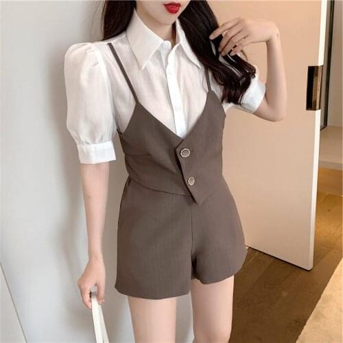 Work Set Women Retro Chic Summer Shorts Suit 2021 New Fashion Fake Two-piece Shirt And Short Pants Lady Two Piece Set aq1044