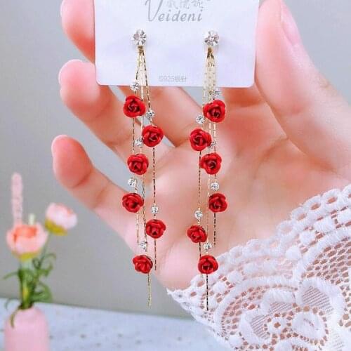 Fashion Rose Petal Drop Earrings for Women Bijoux Red Purple Long Tassel Dangle Earrings Weddings Party Jewelry Accessories Gift