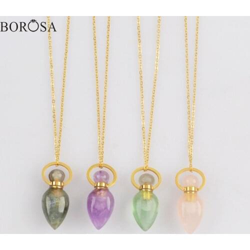 Gold Color Multi-kind Stone Perfume Bottle Necklace Diffuser Essential Oil Bottle Stainless Steel Chain Necklace for Women G2015