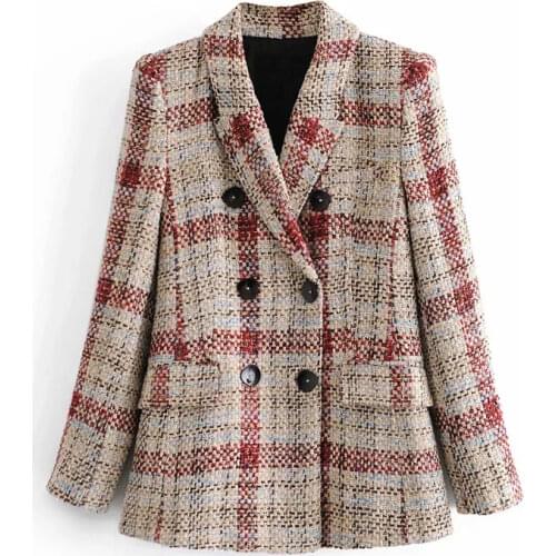 ZA Women 2021 Fashion Double Breasted Tweed Check Blazers Coat Vintage Long Sleeve Pockets Female Outerwear Chic Tops