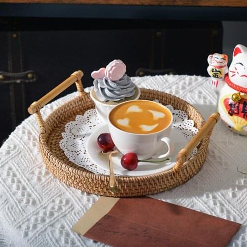 Handmade Rattan Woven Round Food Tray Vegetable Drying Storage Plate Recyclable With Handle For Breakfast Drink Snack For Tea