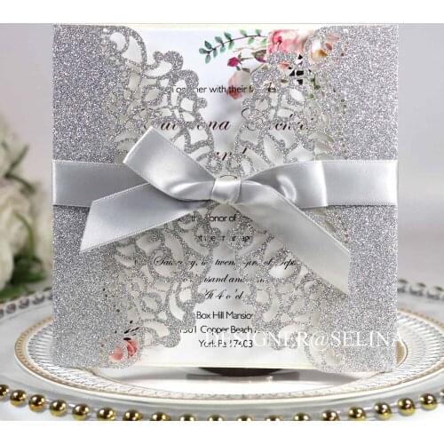 Silver Glitter Wedding Party Invitation Laser Cut Sweet Sixteen Invitations with Ribbon Bridal Shower Invites 50pc/lot