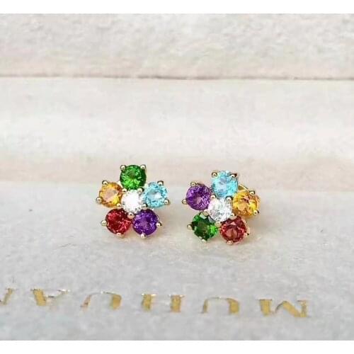 Natural Multicolor garnet topaz stud earrings Natural diopside crystal earrings Flowers S925 silver women party gift jewelry