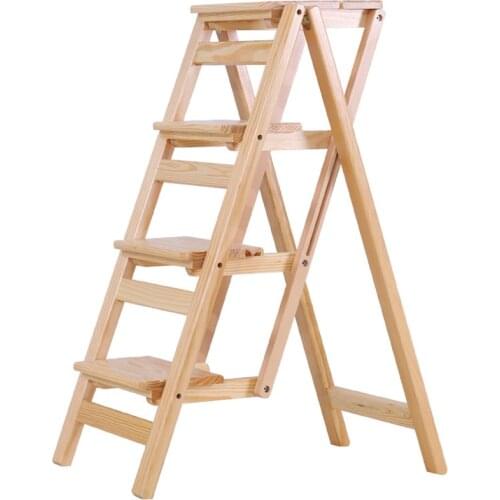Folding Ladder Household Anti-Slip Solid Wood Safety 3/4 Step Ladder Stool with Tool Tray Multi-Functional Step Platform Ladder
