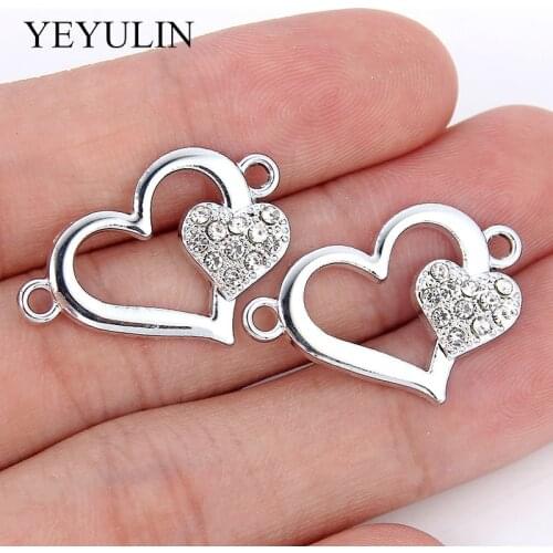10 Pcs Silver Plated Color Love Heart Shape Alloy Connects For Making Necklace Bracelets Gift Fashion Crystal Jewelry Findings