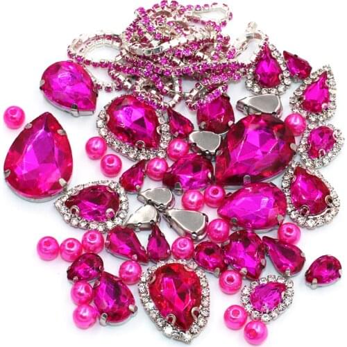 Wedding Decoration Teardrop Rose red Mix Size Glass Crystal Stones Pearl Beads Chain Rim Rhinestones Blanching/Sew On Clothing