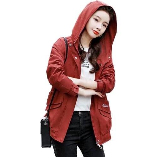 Windbreaker Women Short 2021 Spring And Autumn New Large Size Red Loose Hooded Jacket Embroidery Top Female Clothing Coat A1
