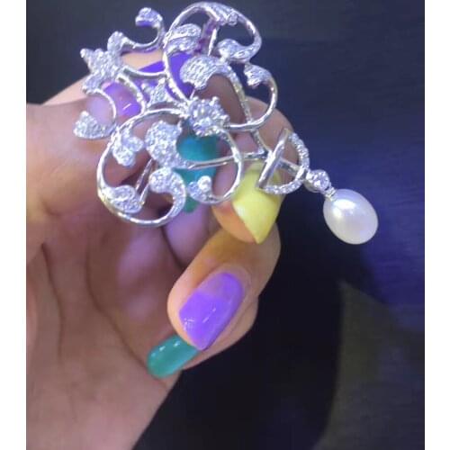 Natural fresh water pearl brooch pins cultured pearl 925 sterling silver with cubic zircon fashion women jewelry free shipping