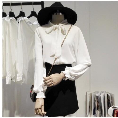 Womens spring autumn Long sleeve bow collar chiffon shirt female casual loose basic OL Shirt plus size chic black Blouse TB517