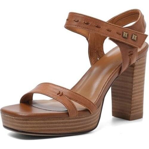 Super High Heel Square Toe Women Sandals Spiral Wood Pattern Runway Women Shoes Rivet Hook Loop Black Brown Women High Heels