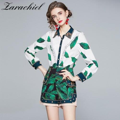 2021 Summer Womens Two Piece Set Fashion Green Leaves Printed Long Sleeve Ruffles Shirt Blouse + Golden Button Shorts Suit