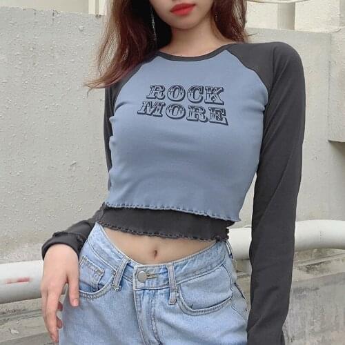Women Summer Crop Top Adults Color Block Letter Print Short Sleeve Round Neck T-shirt