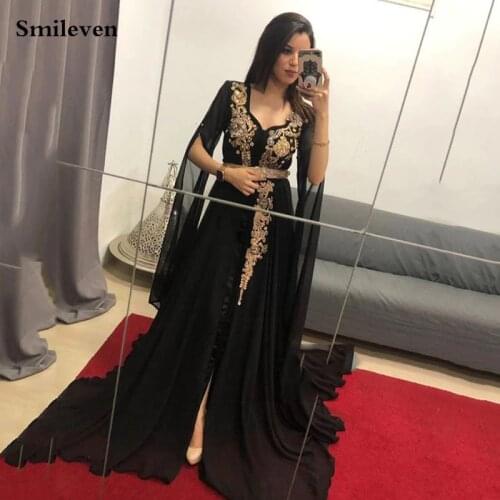 Smileven Spllit Chiffon Moroccan Kaftan Flare Sleeve Formal Evening Dress Lace Muslim Dubai Special Occasion Dress Customize