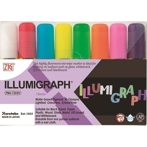 ZIG Kuretake ILLUMIGRAPH 15mm Wet Erasable High-Fluorescent Painting POP Marker Pens Japan PMA-720/8V for Chalk Boards Windows