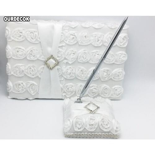 2Pcs/set Satin Wedding Signature Guest Book Communion Gifts Souvenirs White Flower Decoration Rhinestone Signature Book Wedding