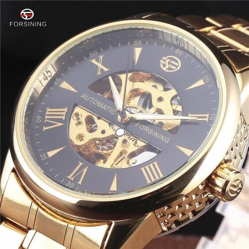 New Forsining Men Wristwatches Top Luxury Automatic Mechanical Skeleton Watch Hollow Golden Stainless Steel Fashion Watch