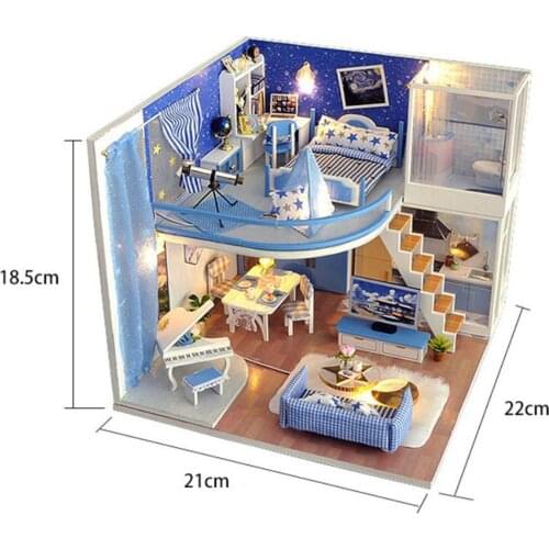 DIY Doll House Mini Miniature Wooden Furniture Kits Romantic LED Light Starry Cottage Building Dustproof Cover Self Assembled