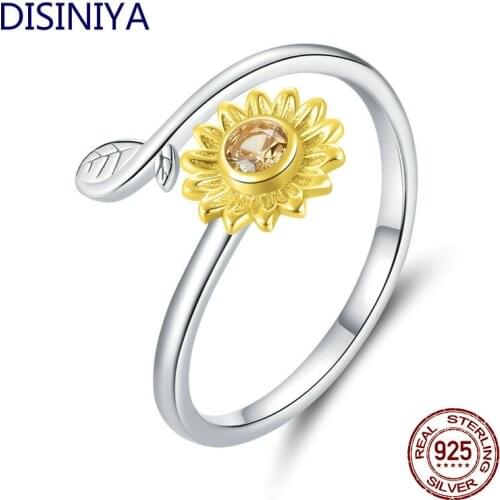 DISINIYA 925 Sterling Silver Zirconium Inlaid Korean Style Small Fresh Plant Gold Daisy Flower Finger Ring ZBSR00127