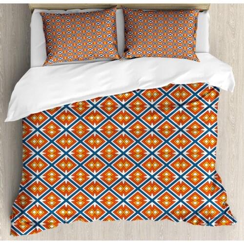 Boho Duvet Cover Set Funky Geometric Forms Graphic 3 Piece Bedding Set Orange Marigold Cobalt Blue