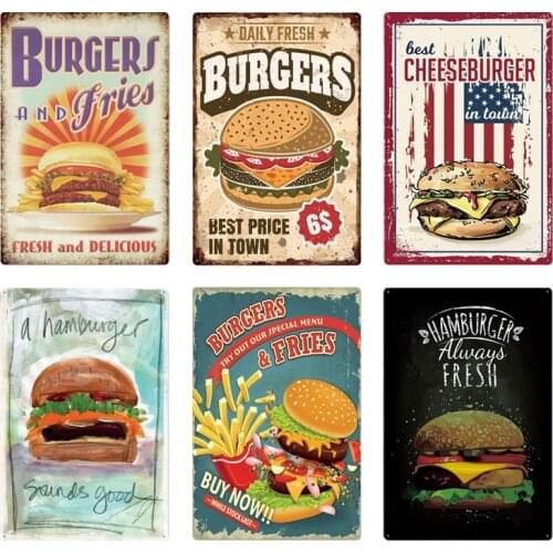 Hamburger Metal Sign Plaque Vintage Fast Food Resturant Tin Sign Wall Decor for Kitchen Cafe Diner Bar Burger Metal Signs 20x30c