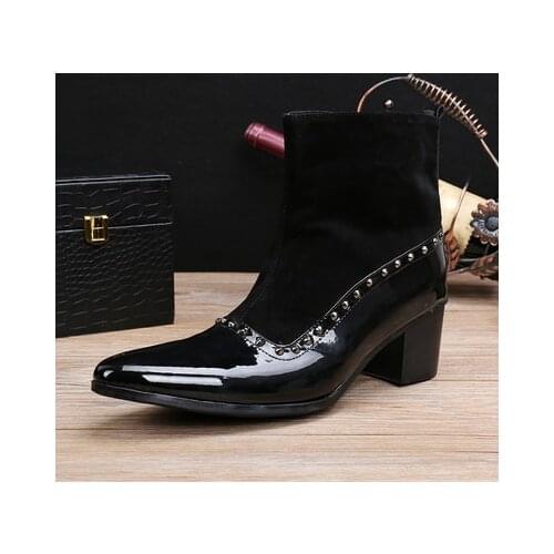 Fashion Luxury Mens High Heels Genuine Leather Ankle Boots Studded Men Italian Business Dress Shoes Pointed Toe Cowboy Boots
