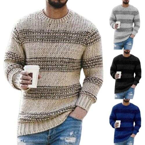 Fashion Long Sleeve Men Sweater Skin-friendly Striped Print Casual O Neck Stretchy Knitted Pullover Sweater for Autumn Winter