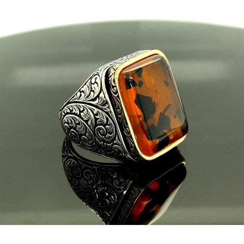 Mens Handmade Ring , Amber Stone Ring , Ottoman Mens Ring, Natural Stone , Men Ring, Gift for Him, 925k Sterling Silver Ring