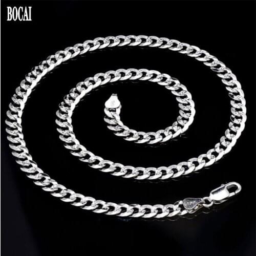 BOCAI new 100% real s925 pure silver jewelry men necklace Flat long necklace silver embossed necklace for men