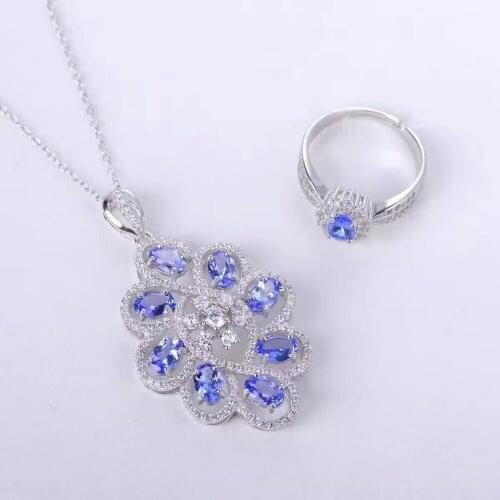 Natural blue tanzanite gem jewelry sets natural gemstone Pendant ring 925 silver luxurious round Flower women party fine jewelry