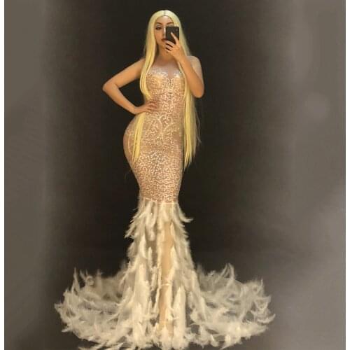 New Sparkly Rhinestones Feather Nude Dress Sexy See Through Mesh Evening Party Birthday dresses