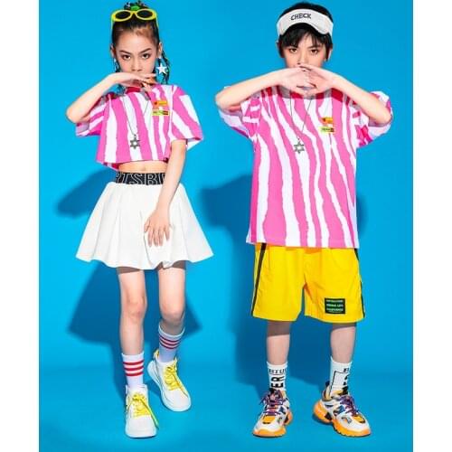 Summer Hip Hop Jazz Costume Pink Stripe Girls Catwalk Clothes Kids Street Dance Costume Stage Outfit Rave Wear