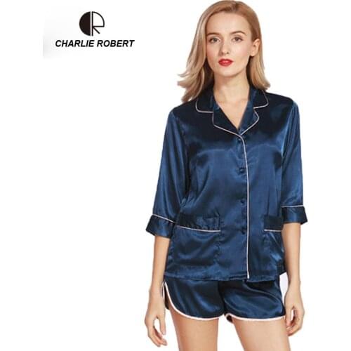 CR Sexy Silk Satin Pajama Suit Shirt 2019 Pants Spring Women Long-Sleeved Suit Pajamas Home Service Suit AP526