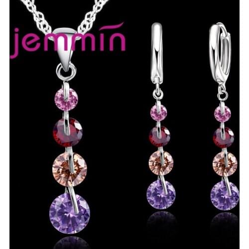 Genuine 925 Sterling Silver Clear Cubic Zirconia Link Chain Crystal Pendant Jewelry Set For Women Bridal Choker Wedding