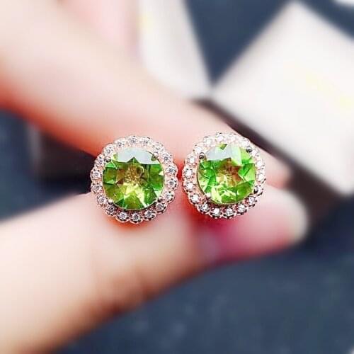 Natural real green peridot round stud earring 8*8mm 2ct*2pcs gemstone 925 sterling silver Per jewelry Fine jewelry X21694