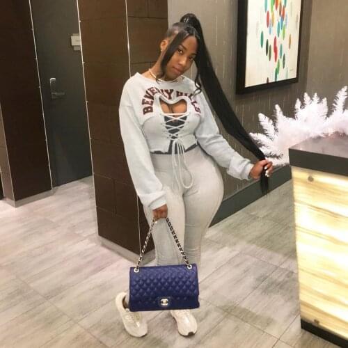 Ueteey New Two-piece Casual Print Bandage Design Letter Print Grey Pant Set