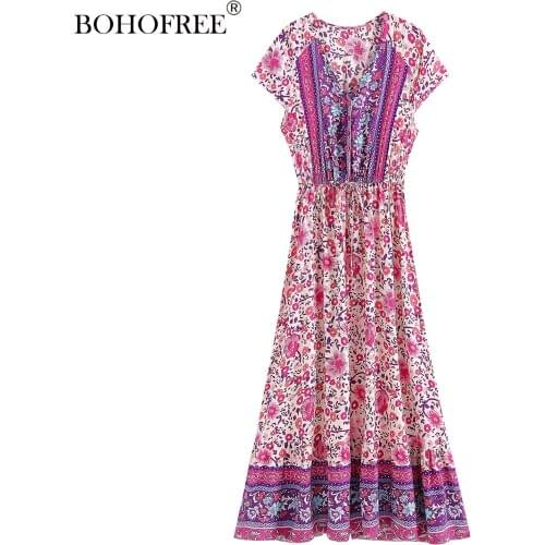 Vintage Bohemian Rayon Cotton Short Sleeve Plus Size 2XL Dress V Neck Maxi Hippie Floral Print Long Vestidos Vacation Dresses