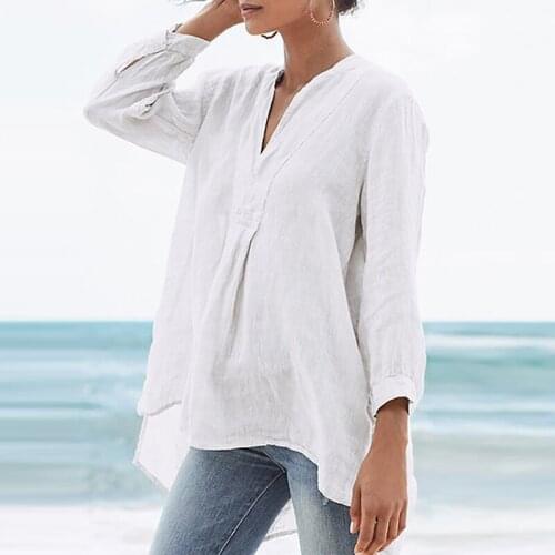 Casual Ladies Solid Color T-shirt Nine Point Sleeve Linen Buttons Plus Size Tshirt 2021 Fashion Loose Top V Neck Female Tops Tee