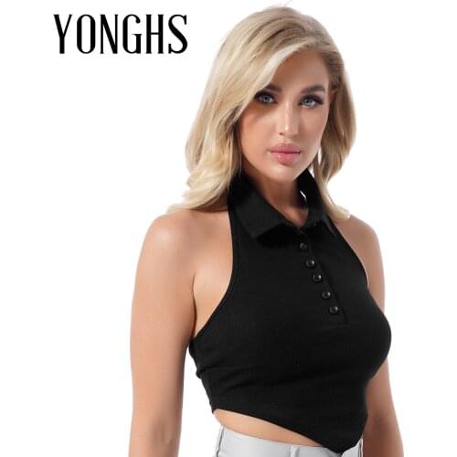 Womens Camis Tanks Tops Halter Turn-down Collar Sleeveless Crop Top Asymmetric Hem Backless Ladies Ribbed T-shirt Button Vest